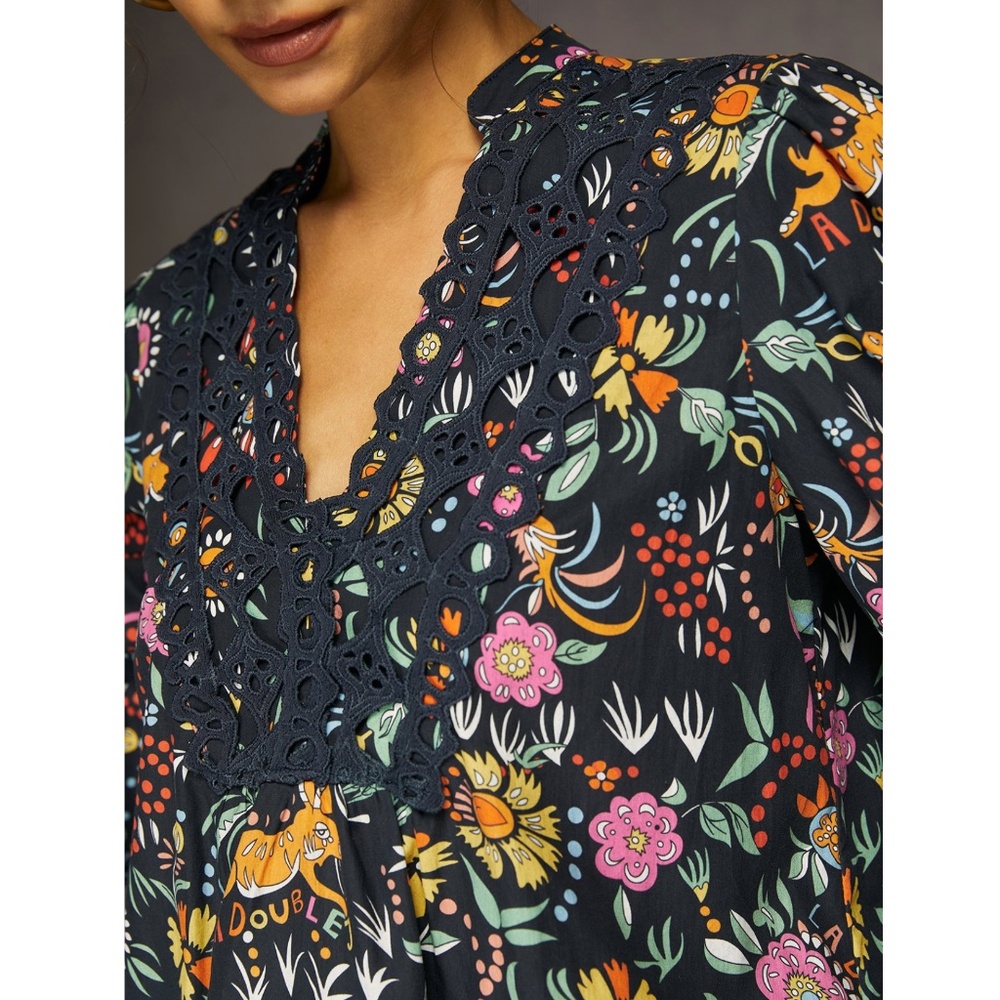 StyleWe, V-Neck Printed Floral Black Multicolored Blouse, Size L - Picture 6 of 7